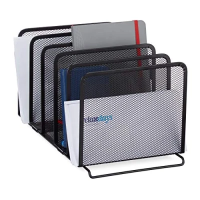 Imagen de Relaxdays Organizador de documentos, Revistero metálico, Cinco compartimentos, Malla, 18,5x20,5x37,5cm, 1 Ud., Negro