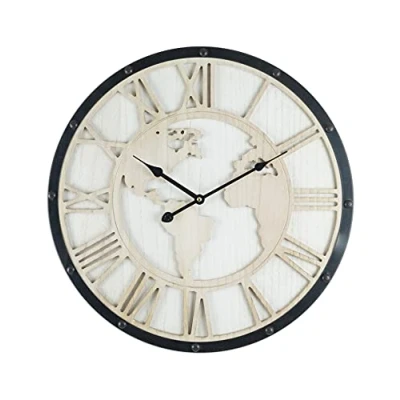 Imagen de Rebecca Mobili Reloj de Pared Grande, Mapamundi Retro, Negro Blanco Desgastado, Números Romanos Medidas: 50 x 5 cm (A AN FON) Art. RE6594