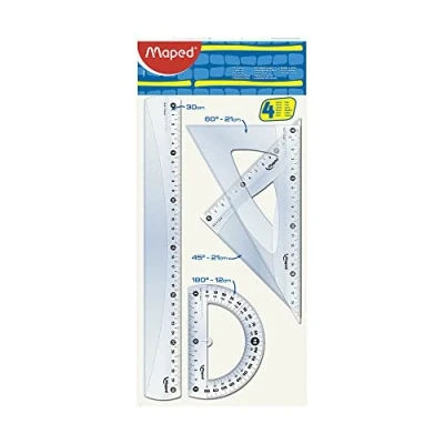 Imagen de Maped Material Escolar Maxi Kit de 4 Piezas 1 Regla 30 cm, Escuadra, Cartabón y Transportador Diseños Transparentes Grabados Presentados en Funda Plástico