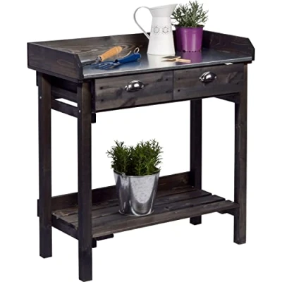 Imagen de dobar® Mesa de jardín diseño con 2 cajones, jardinería Estante, trasplante Madera Abeto Maciza, Flores para jardín/terraza/balcón, 79 x 39 90 cm, Color Negro