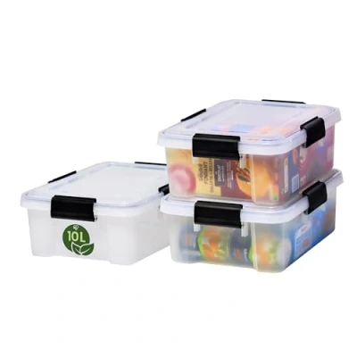 Imagen de Iris Ohyama, Boite Rangement Hermétique, 10L, Lot de 3, Transparent, 98% en Plastique Recyclé, Couvercle avec Joint Etanche, 4 Clips Fermeture, Empilable, pour Exterieur, Garage, Sans BPA, AT S