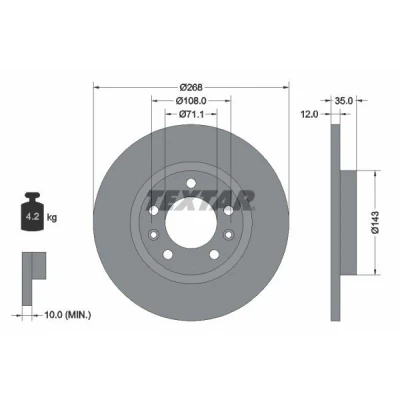 Imagen de TEXTAR PRO 92268003 Disco de freno 268 12 05/07 108 macizo revestido sin cojinete rueda, perno sujeción buje rueda