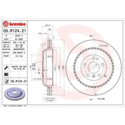 Imagen de Disco de freno BREMBO 09R12421 volver/ventilado/altamente carbonizado/1 pieza