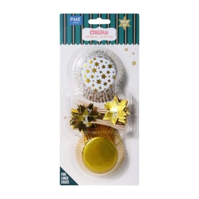 Imagen de PME Navidad Set de 24 Cápsulas para Cupcakes y Toppers Estrellas Doradas