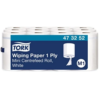 Imagen de Tork 473252 Papel de secado multiuso Advanced 1 capa compatible con el sistema alimentación central pequeño M1, cilindro cartón sacable, blanco, 12 rollos x 343