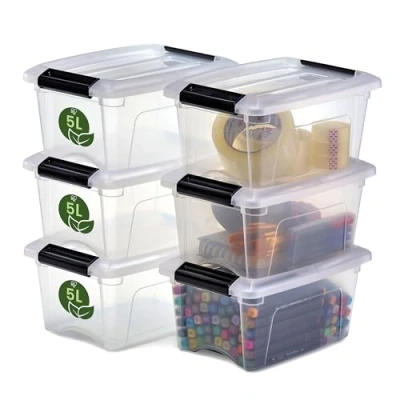 Imagen de Iris Ohyama, caja de almacenamiento plástico pequeña con tapa, 5L, juego 6, transparente, 100% reciclado, clips cierre, mango, apilable, sin BPA, NTB 5