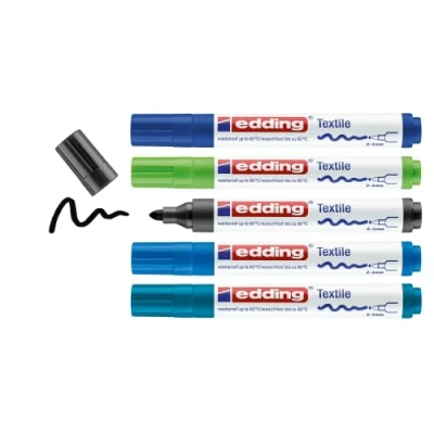 Imagen de edding 4500 marcador textil negro, azul (3), verde 5 rotuladores punta redonda de 2 3 mm textiles permanentes para dibujar sobre tejidos, resistentes a lavados hasta 60 C
