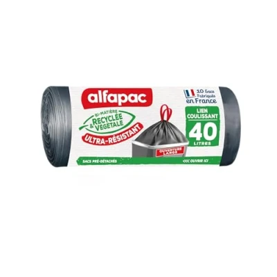 Imagen de Alfapac 10 bolsas de basura 40 L con enlace deslizante ultrarresistente, apertura ancha, fabricada en Francia, bi material reciclado y vegetal